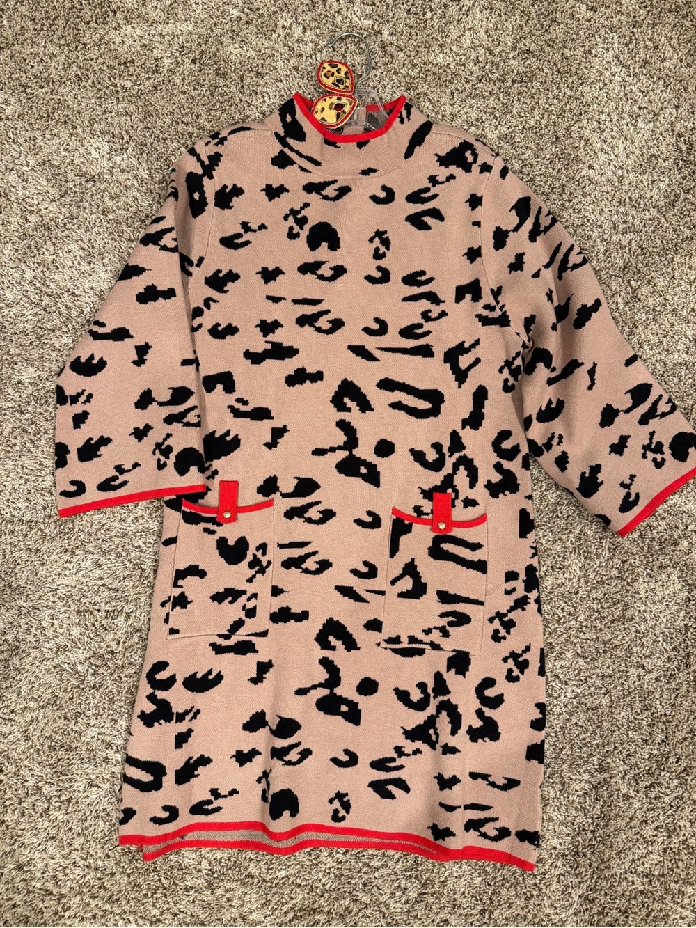JODIFL Pink Leopard Print Knit Dress with Red Trim